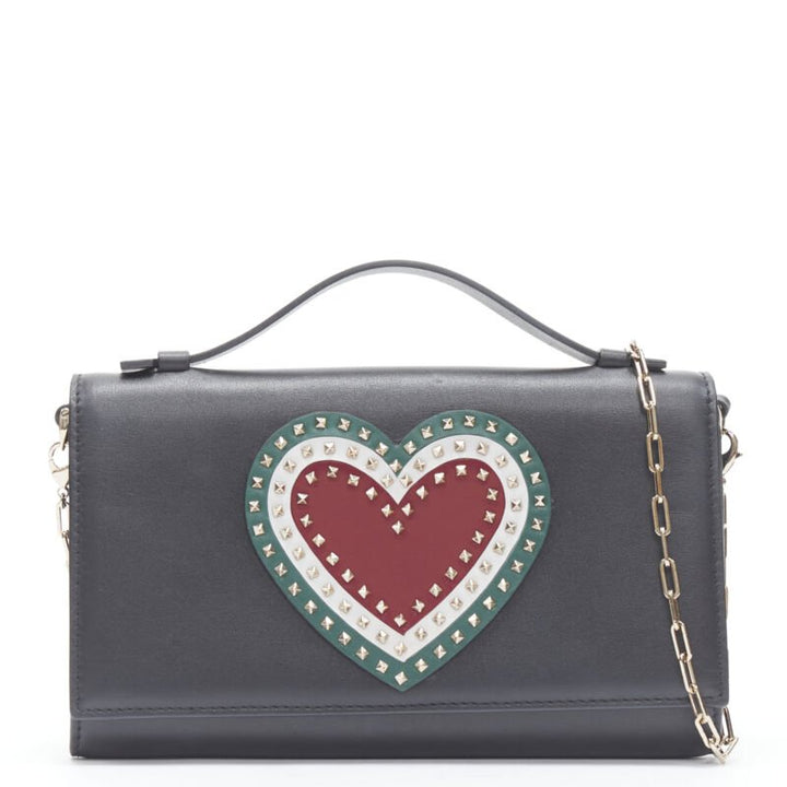 VALENTINO black leather Rockstud green red heart gold chain wallet clutch