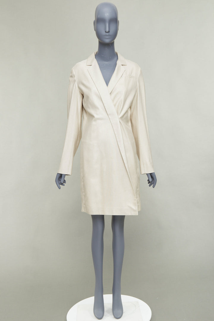 JIL SANDER cream silk blend minimal asymmetric wrap front long coat FR38 M