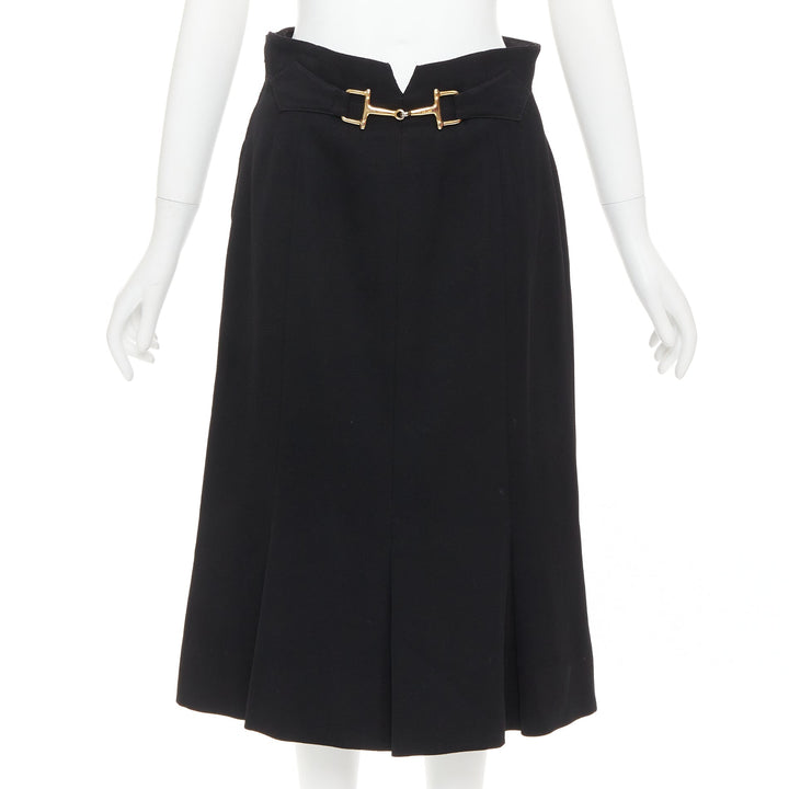 CELINE Michael Kors Vintage black 100% wool gold horsebit buckle skirt FR42 XL
