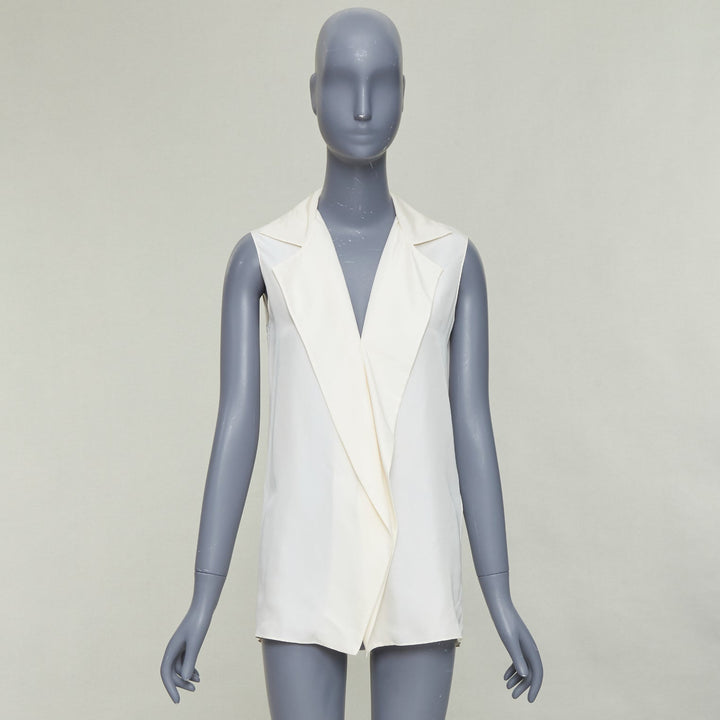 LANVIN 2015 cream silk wide lapel plunge neck sleeveless blouse top FR34 XS
