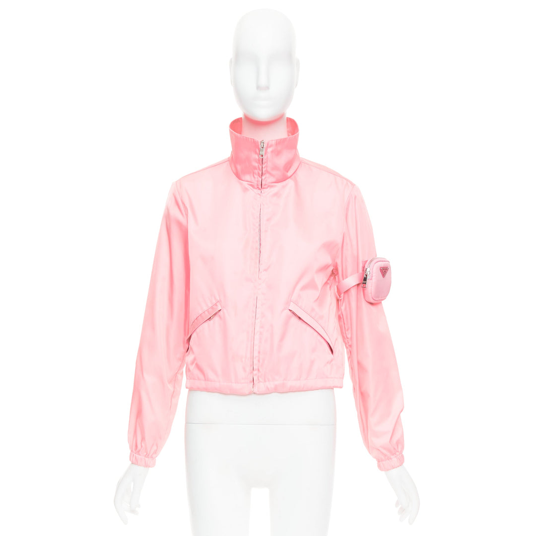 PRADA 2020 Re-Nylon pink nylon logo triangle pouch crop anorak IT38 XS
