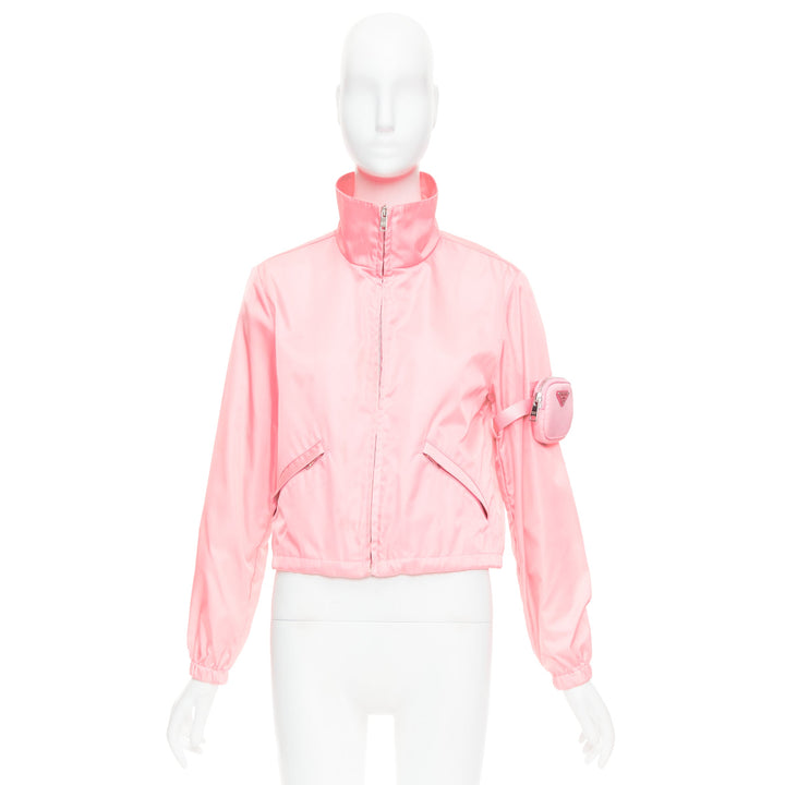 PRADA 2020 Re-Nylon pink nylon logo triangle pouch crop anorak IT38 XS