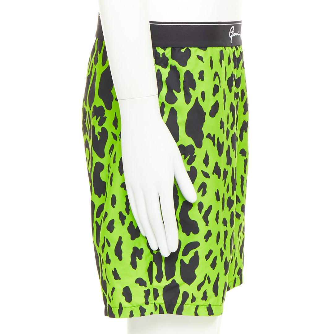 VERSACE neon green black leopard print black logo waistband swim trunks Sz4