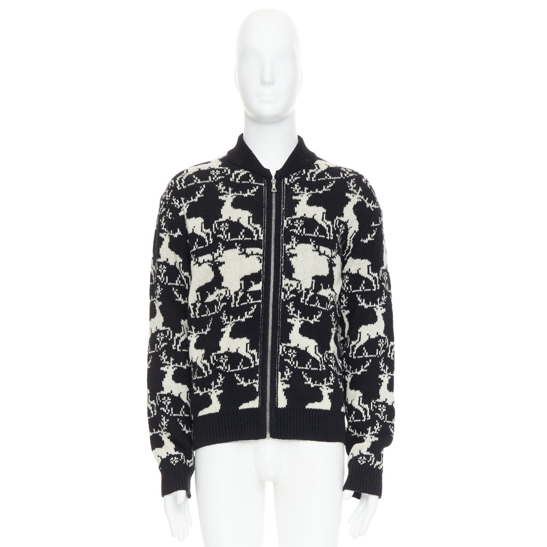 DRIES VAN NOTEN black white wool reindeer intarsia zip up jacket M