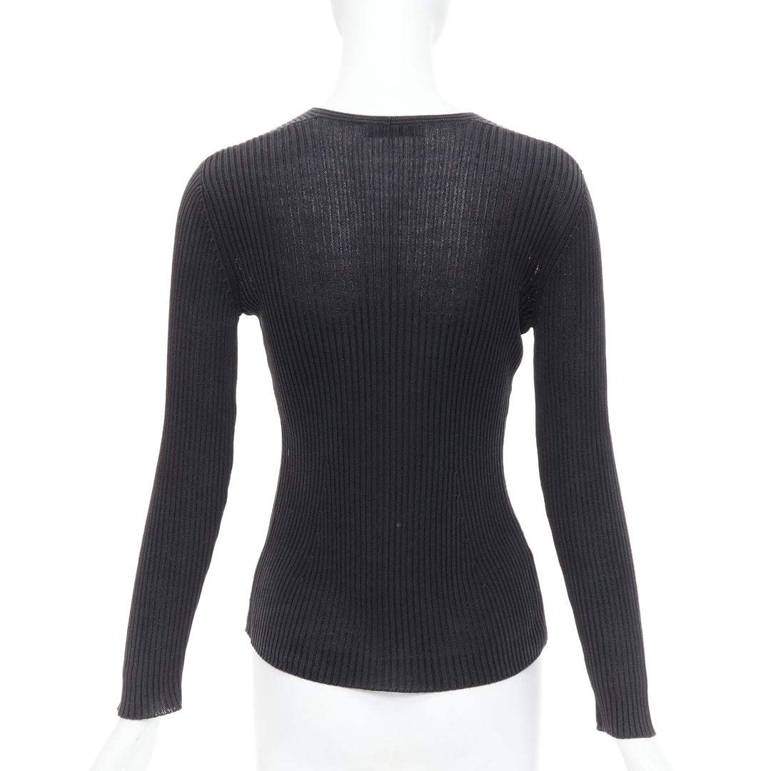 PRADA black 100% silk classic minimal ribbed Vneck long sleeve top IT42 M