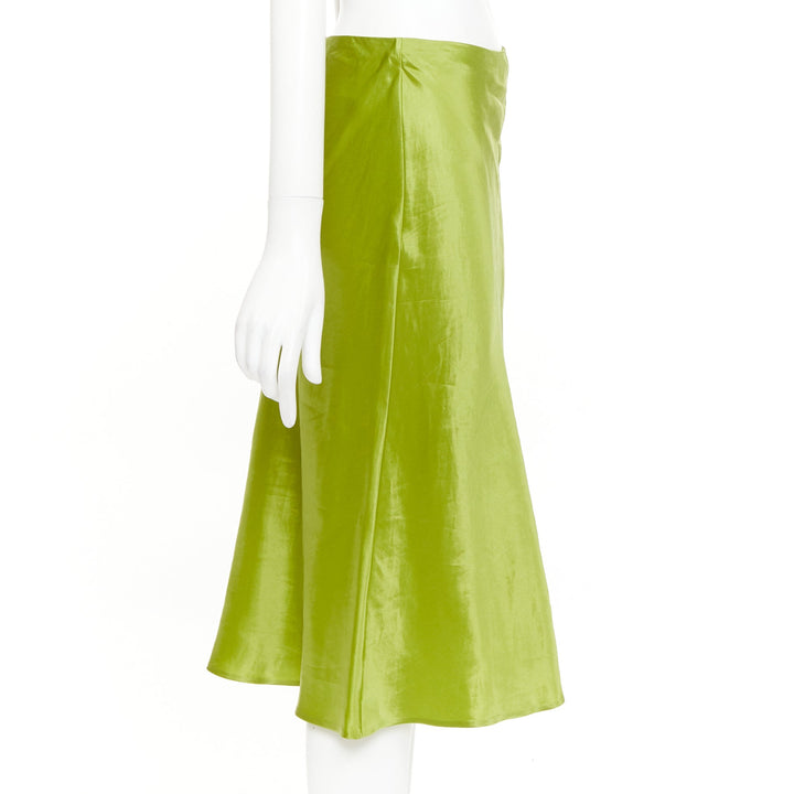 PRADA 2022 Runway fern green satin triangle logo trailing skirt IT38 XS