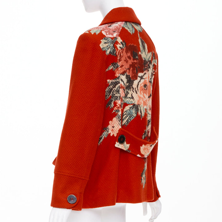 KENZO Vintage red wool floral intarsia back double breasted coat FR46 3XL