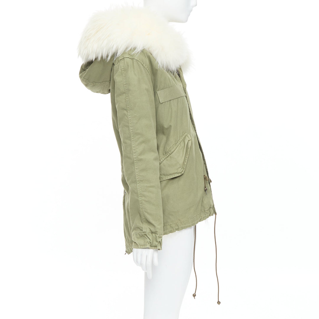 MR AND MRS ITALY  white fur lined hooded military green parka coat XXS