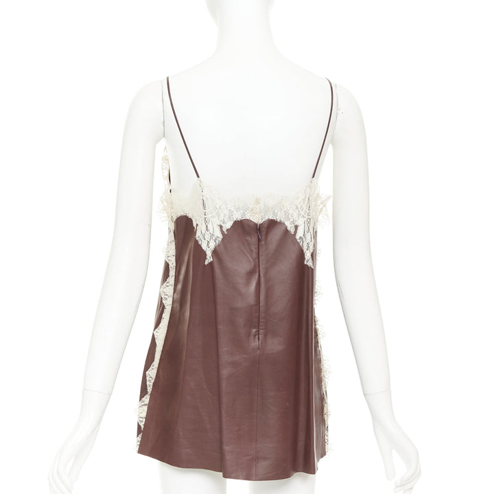 DIOR 2016 Raf Simons brown lambskin leather lace trim micro slip dress FR36 S