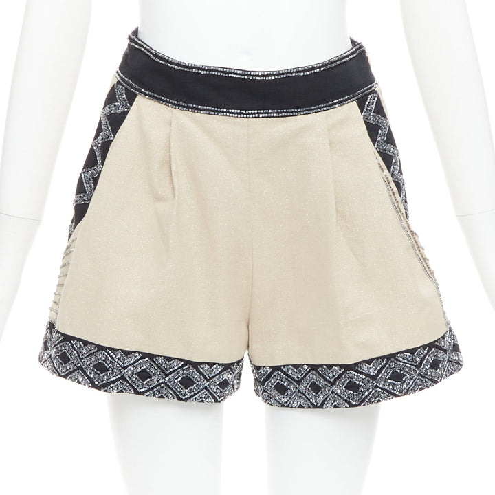 TWINSET Limited Edition gold black linen cotton embellished wide shorts IT38 XS