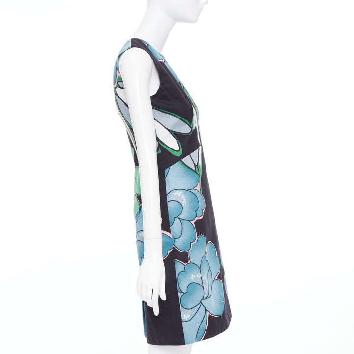 MARNI blue black cotton linen large flower print shift dress IT38 XS