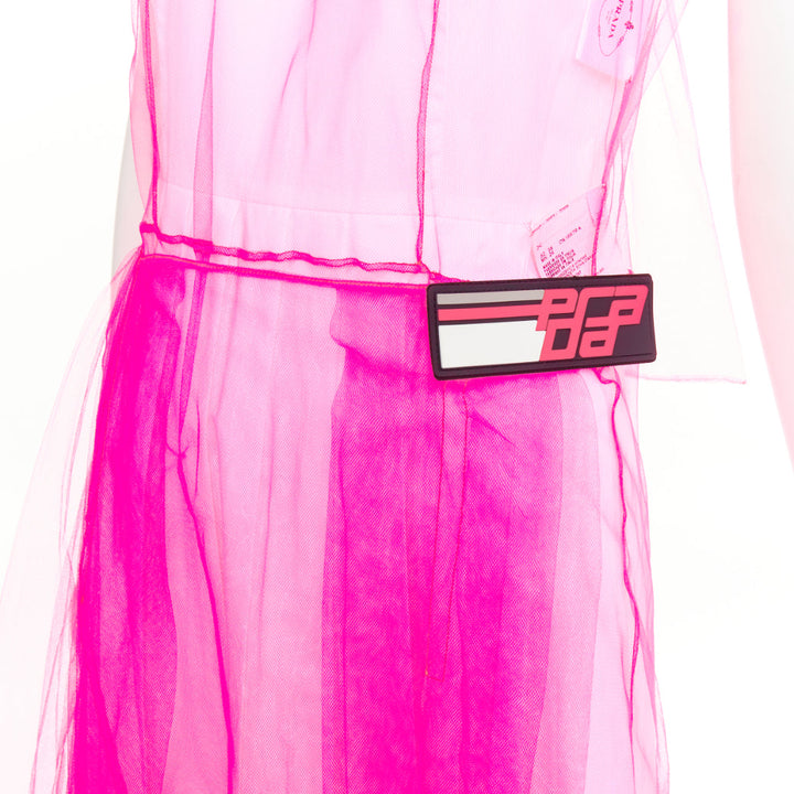 PRADA 2018 Runway Neon Technical  Tulle Abito pink rubber logo dress IT38 XS