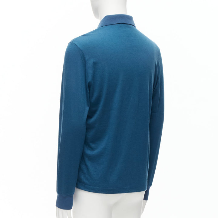 LORO PIANA teal blue 100% cashmere stitch button detail long sleeve polo shirt M