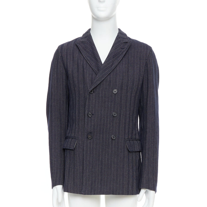 JIL SANDER navy cream cotton striped double breasted blazer IT48 M
