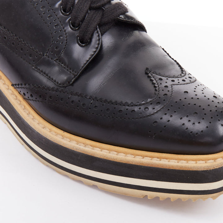 PRADA Wingtip black white beige platform brogue oxfords EU37.5