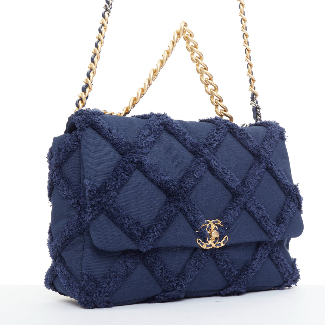 CHANEL 2021 19 navy cotton canvas fringe quilted mixed chain flap bag