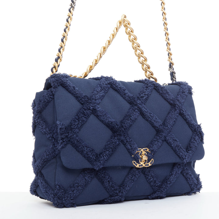 CHANEL 2021 19 navy cotton canvas fringe quilted mixed chain flap bag