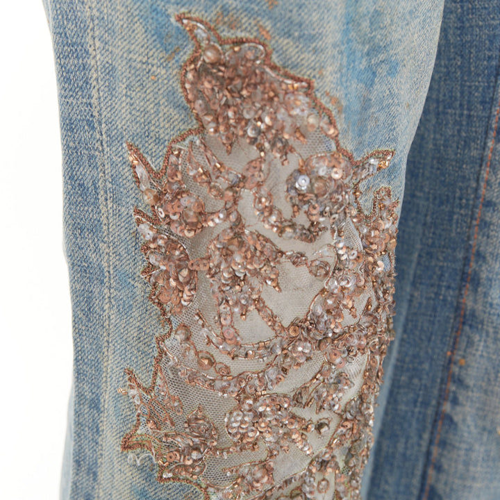 RALPH LAUREN Purple Label gold painted sequins splash floral flared jeans 26"