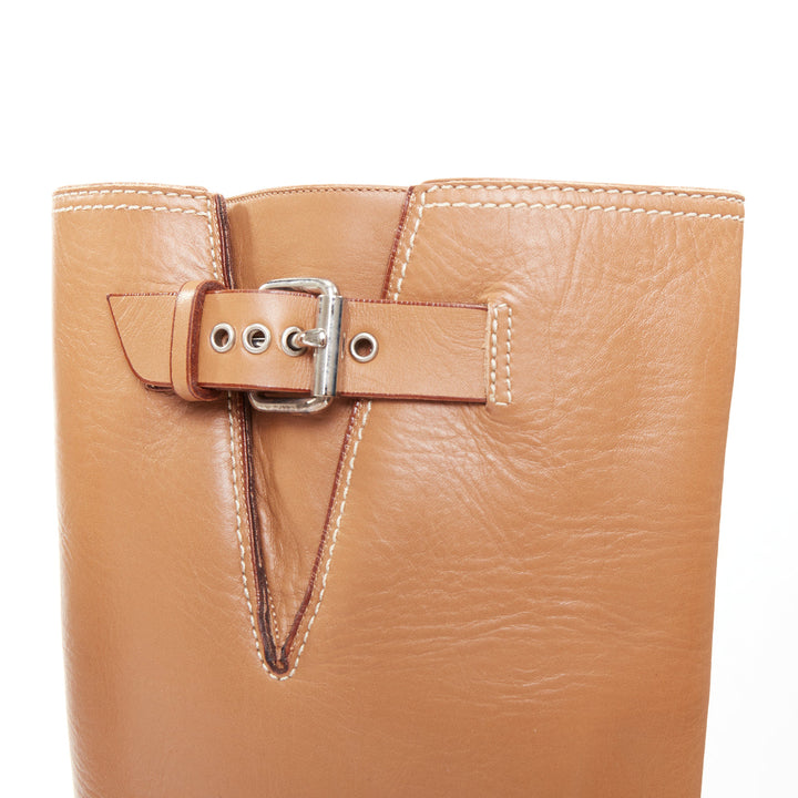 CHRISTIAN LOUBOUTIN Harletty 140 tan calf wood platform knee high boots EU39