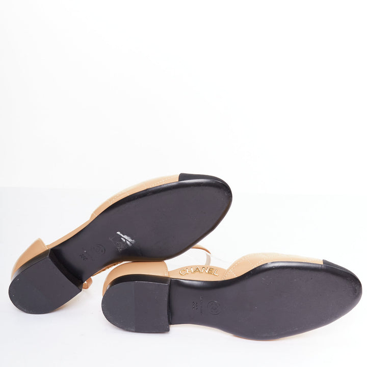 CHANEL nude lambskin stitching grosgrain CC toe cap ankle strap flats EU38.5
