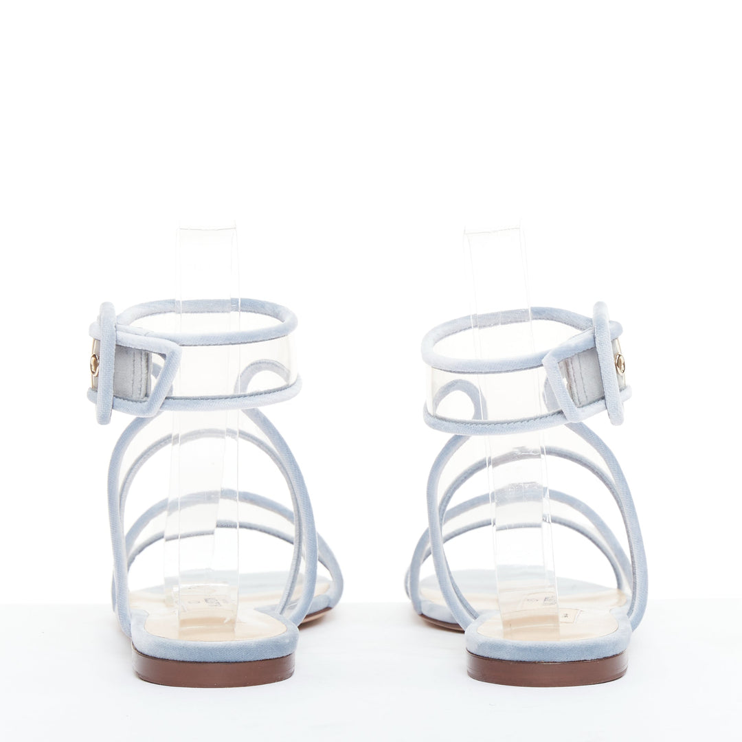 VALENTINO baby blue velvet trim clear PVC strappy flat sandals EU37