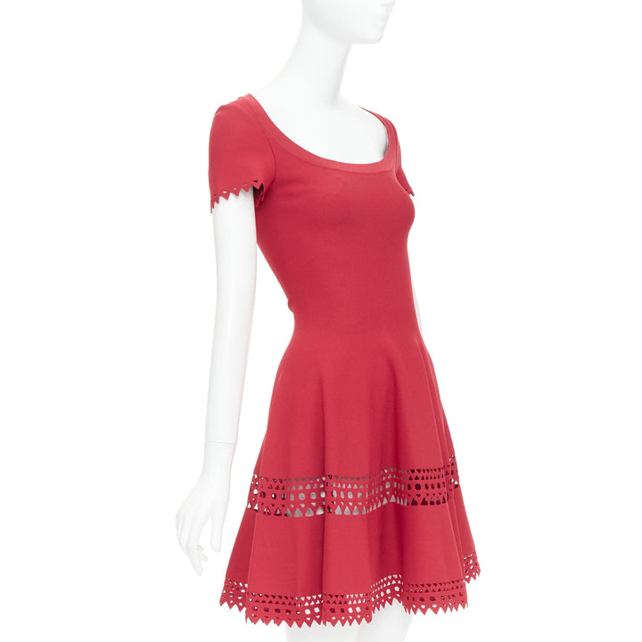 ALAIA red laser cut out cap sleeves wide round neck fit flared dress FR38 M