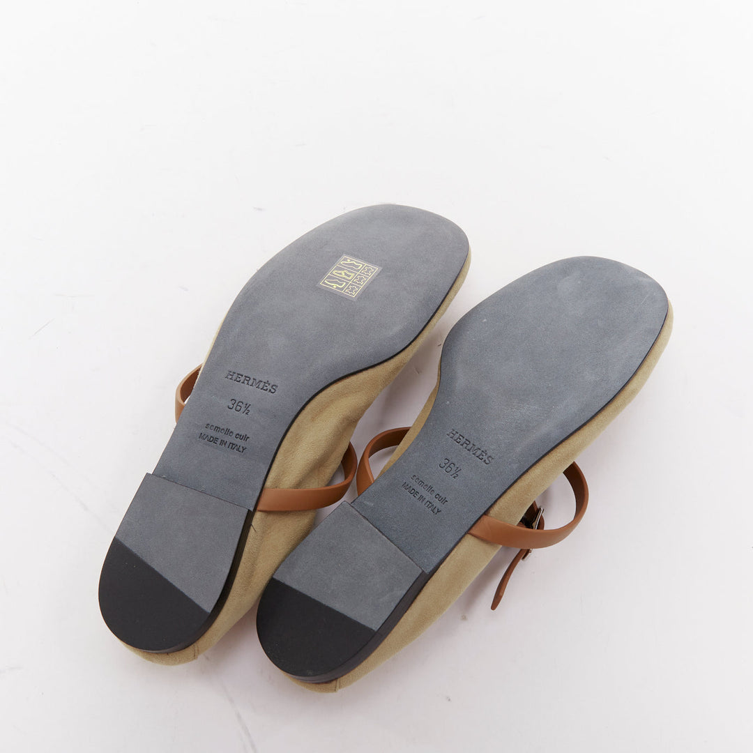 HERMES 2024 Jolly brown suede goatskin brown straps Maryjane ballet flats EU36.5