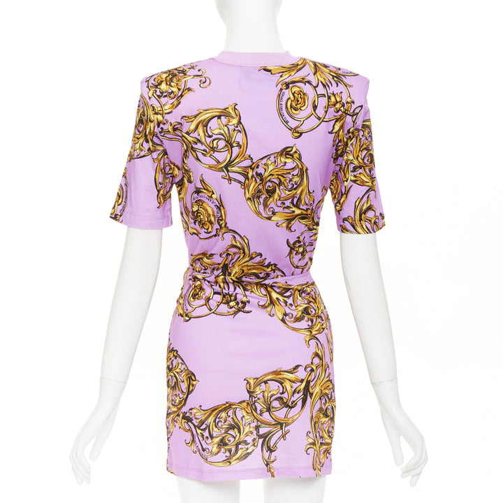 VERSACE JEANS COUTURE 2022 lilac gold baroque padded shoulder wrap dress IT36
