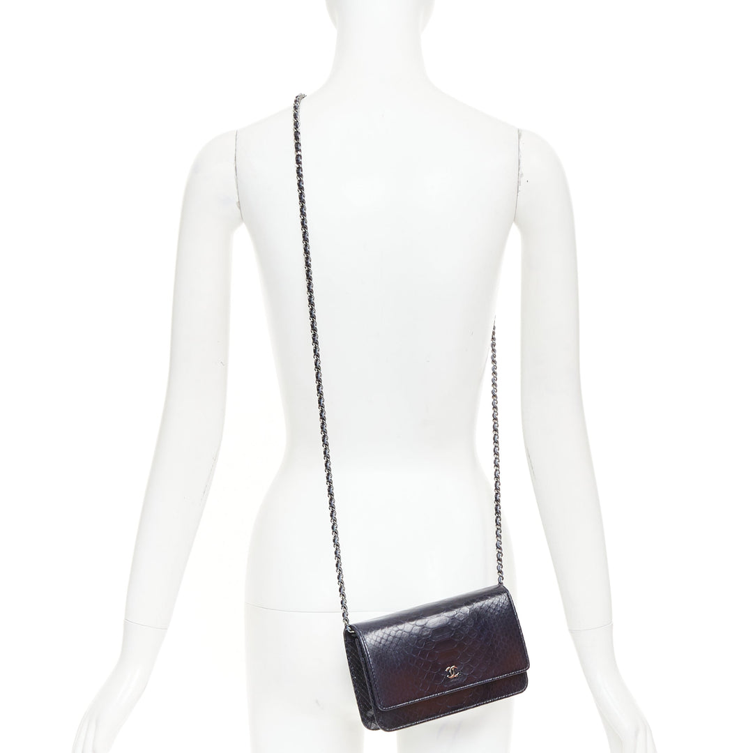 CHANEL Timeless Classic Flap Wallet on Chain navy scaled leather crossbody bag