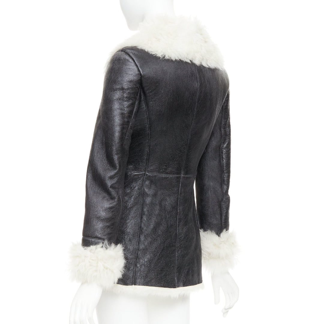 PRADA 2009 Vintage cream sheep fur black leather crystal buttons coat IT36 XXS