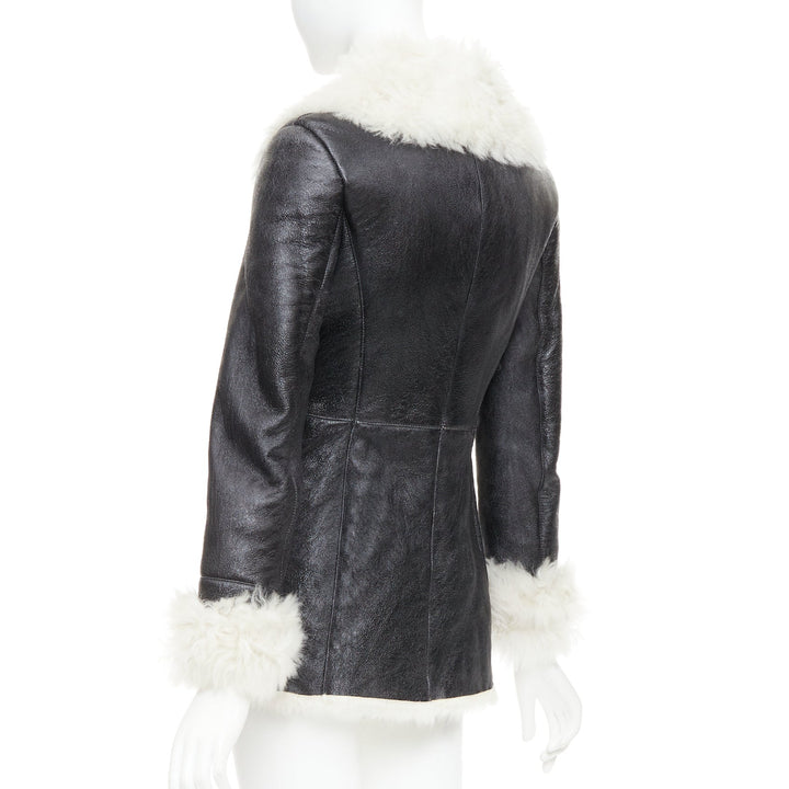 PRADA 2009 Vintage cream sheep fur black leather crystal buttons coat IT36 XXS