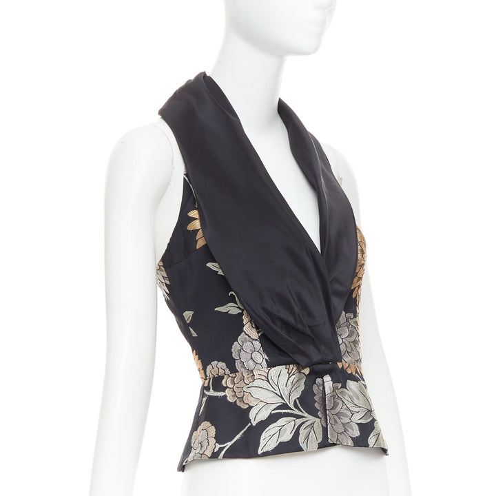 GIORGIO ARMANI black silk oriental floral jacquard Tback vest waistcoat IT36 XXS