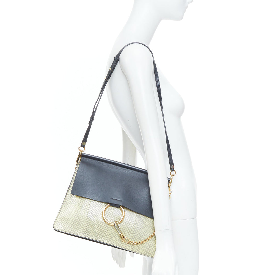 CHLOE Faye Medium beige python black calfskin leather chain flap shoulder bag