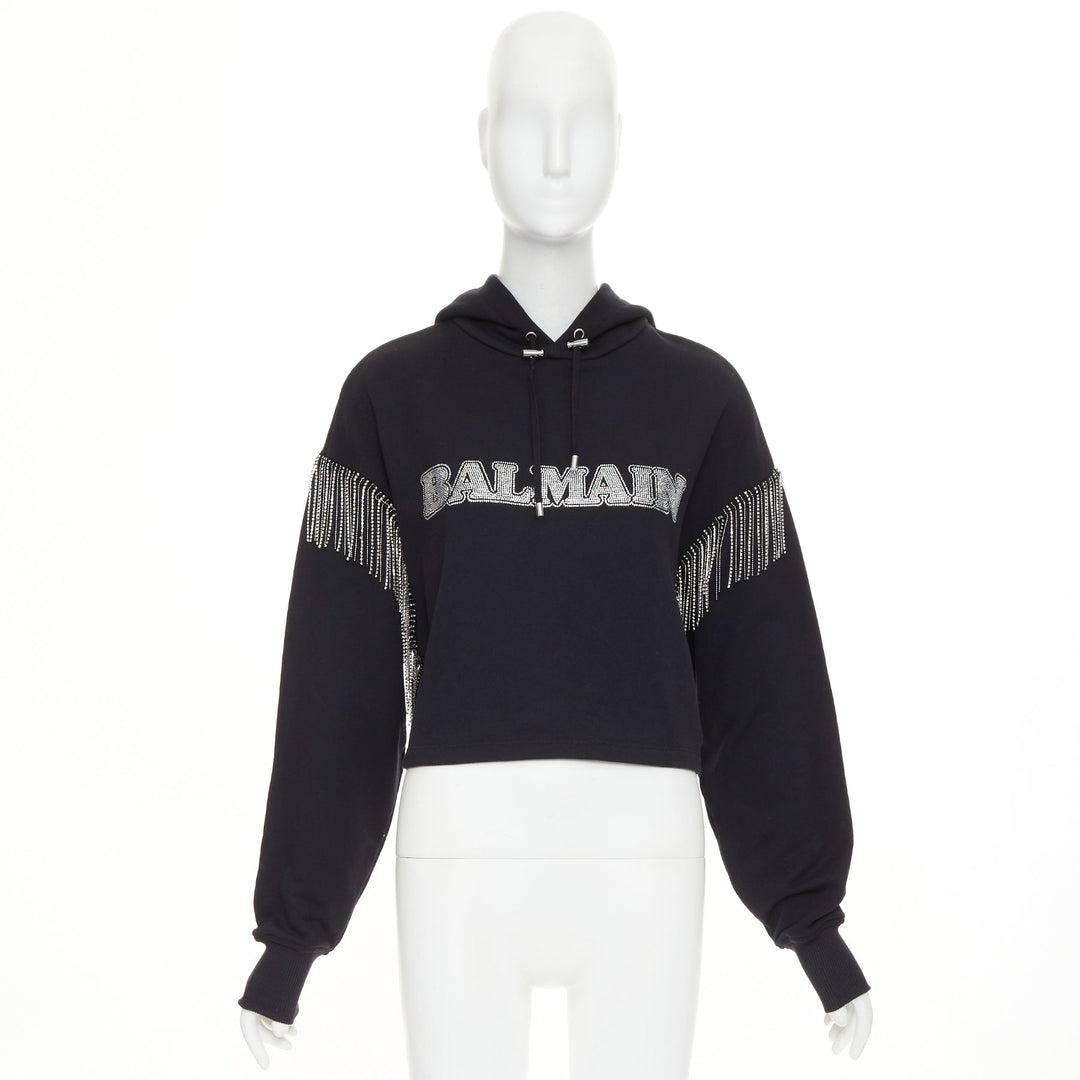 BALMA 2024 black crystal logo embellished fringe cropped hoodie sweatshirt XS