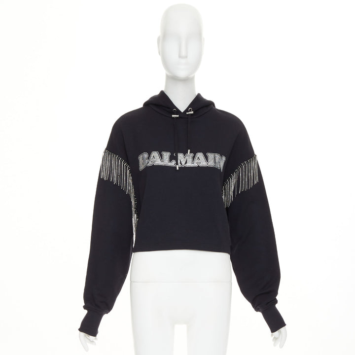 BALMA 2024 black crystal logo embellished fringe cropped hoodie sweatshirt XS
