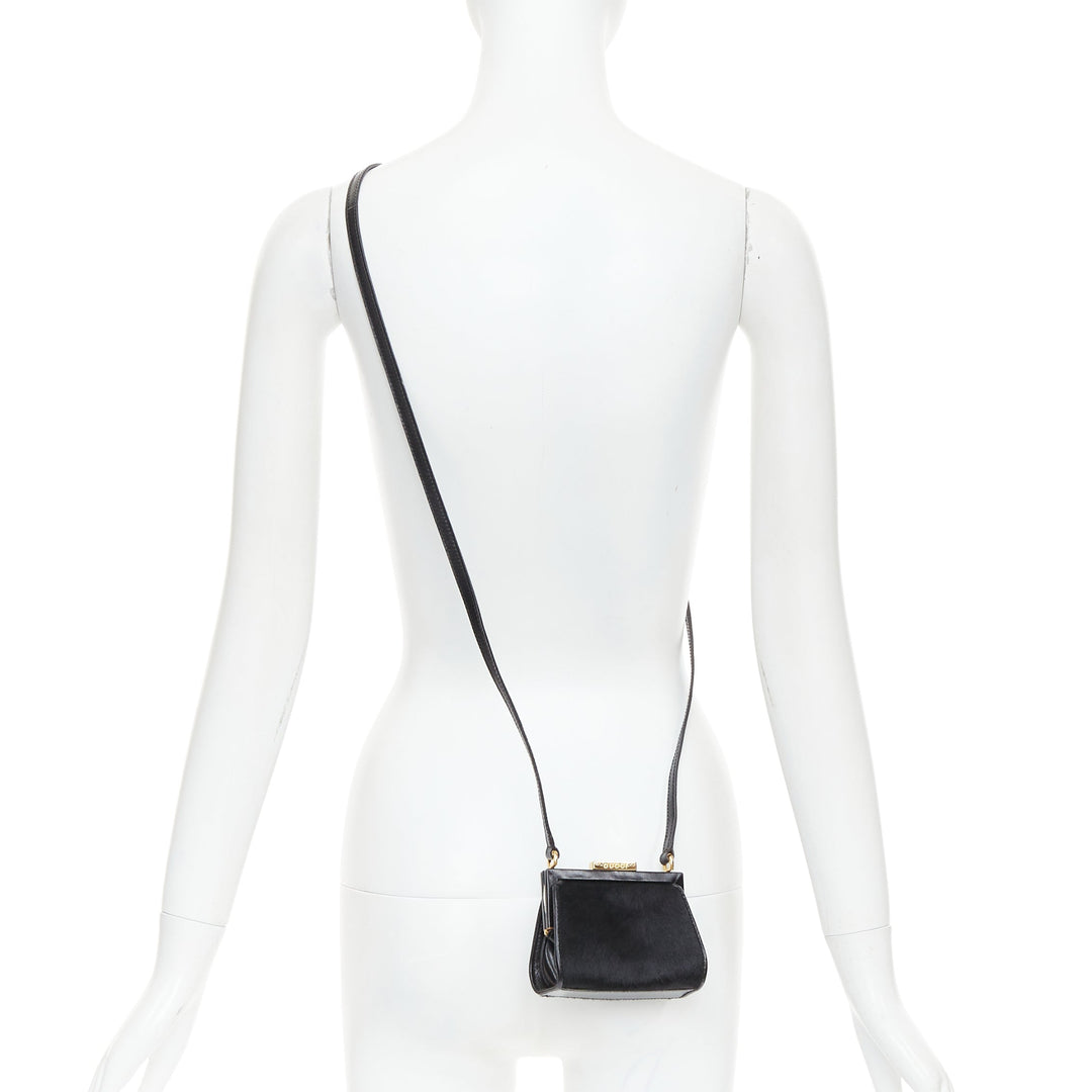 GUCCI Vintage Old Haroco black pony hair gold logo frame crossbody mini bag