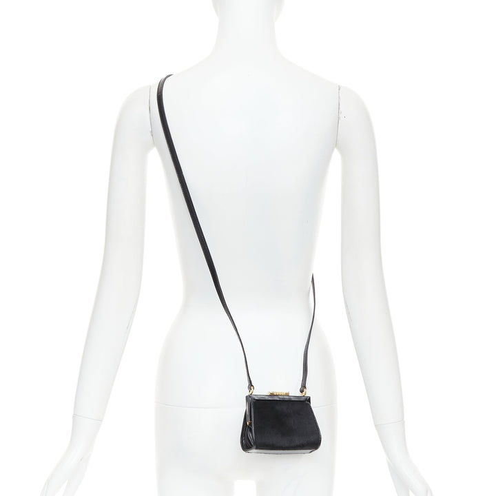 GUCCI Vintage Old Haroco black pony hair gold logo frame crossbody mini bag