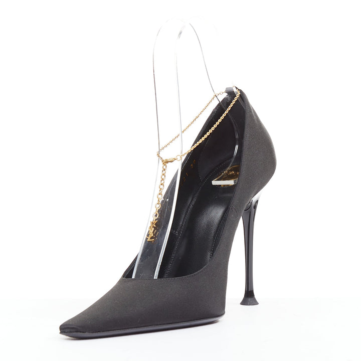 SAINT LAURENT black satin gold-tone YSL chain anklet point toe stiletto EU38