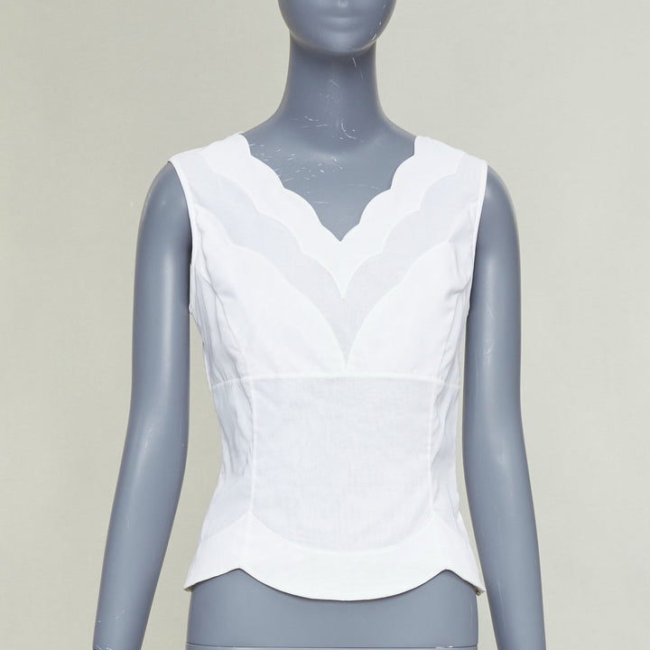 CHRISTIAN DIOR white cotton scalloped collar detail fitted vest shirt FR36 S