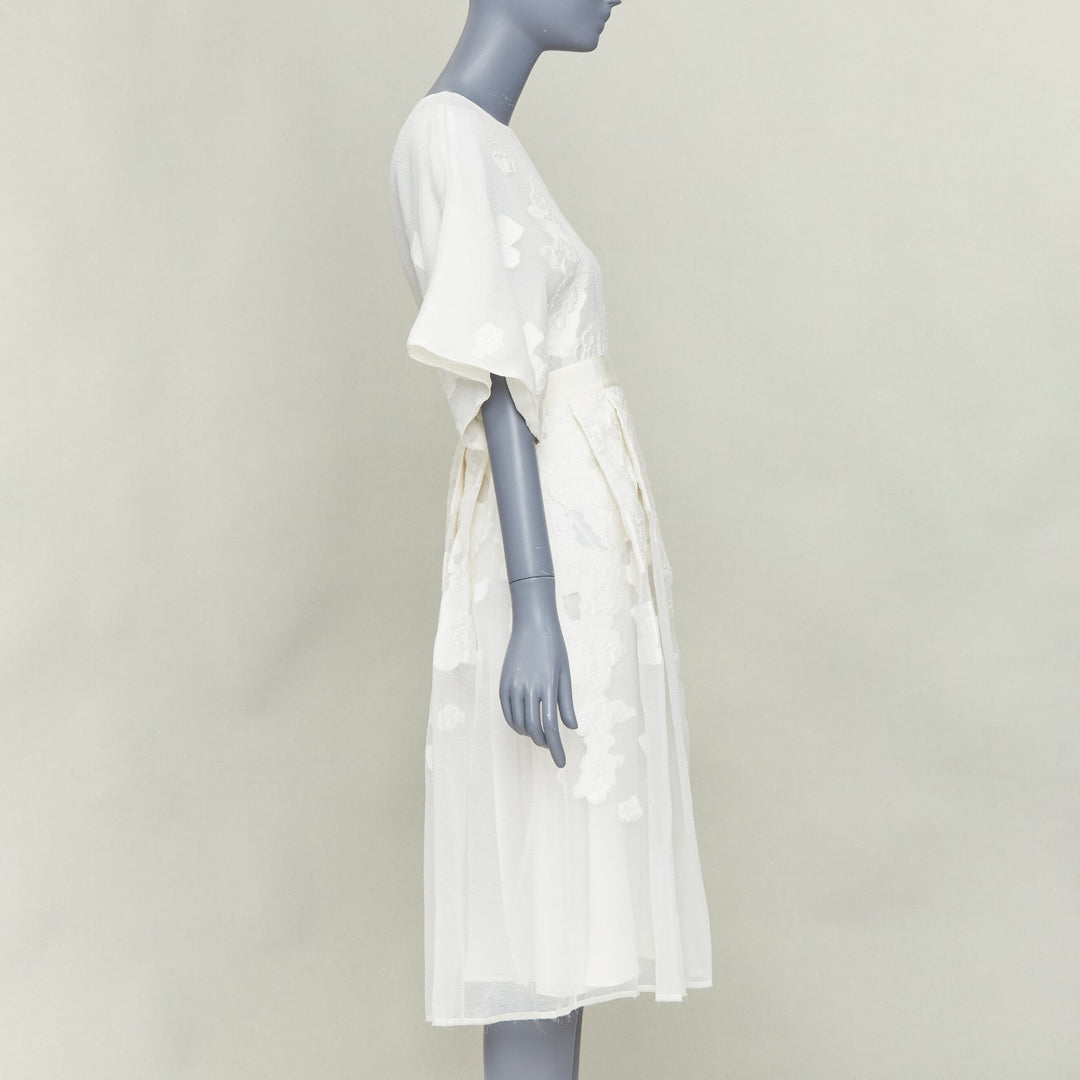 GIAMBATTISTA VALLI ivory cotton silk  floral cloque pleated midi dress IT40 XS