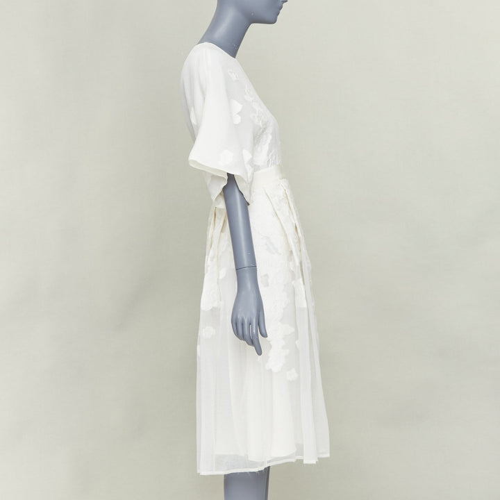 GIAMBATTISTA VALLI ivory cotton silk  floral cloque pleated midi dress IT40 XS