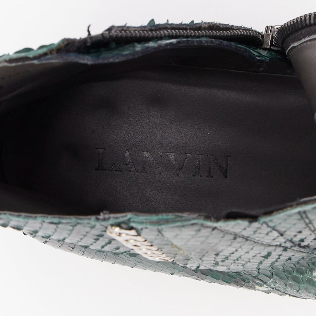 LANVIN 2012 Vintage green scaled leather silver chain ankle boots UK9 EU43
