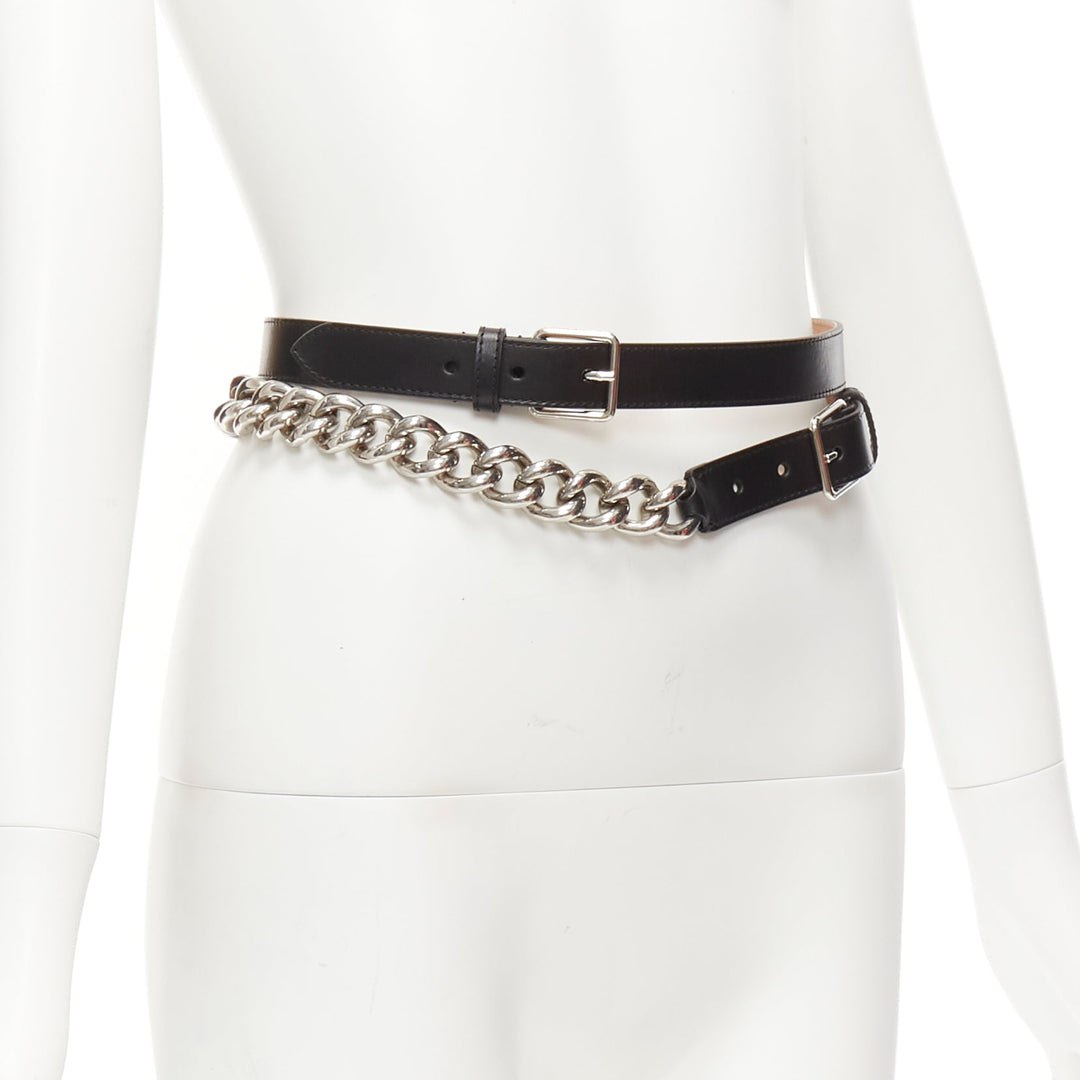 ALEXANDER MCQUEEN black leather silver chunky metal chain wrap belt 70cm