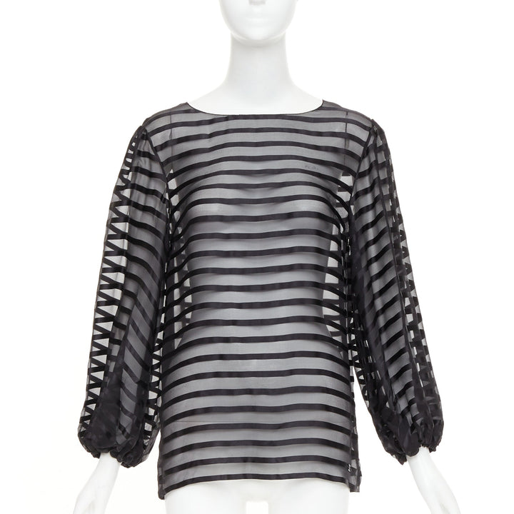 CHANEL black 100% silk sheer striped chiffon puff sleeve blouse FR36 S
