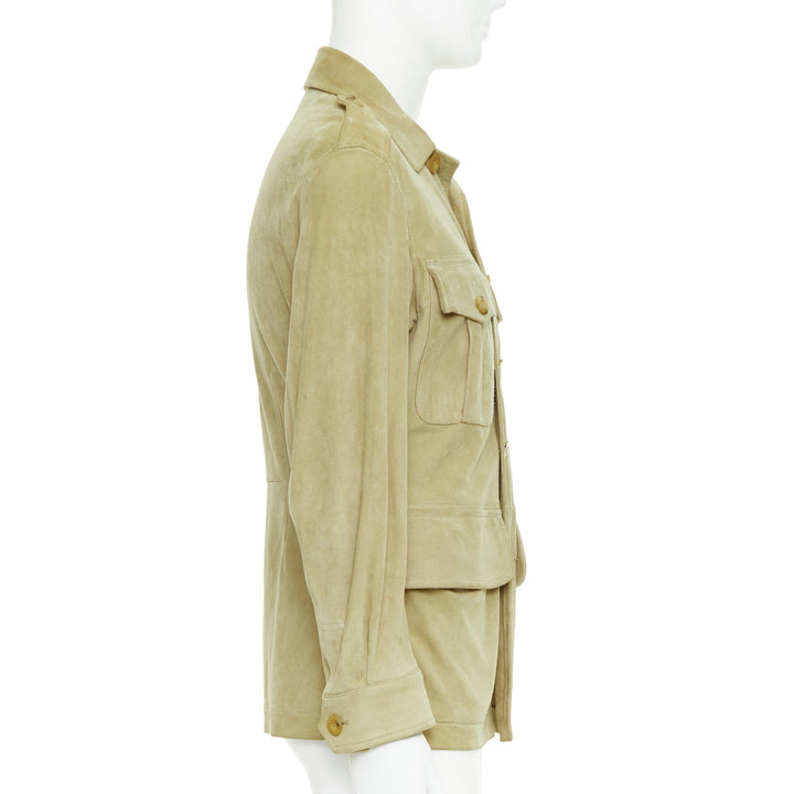 GUCCI Tom Ford Vintage khaki suede leather horn button safari jacket IT46 S
