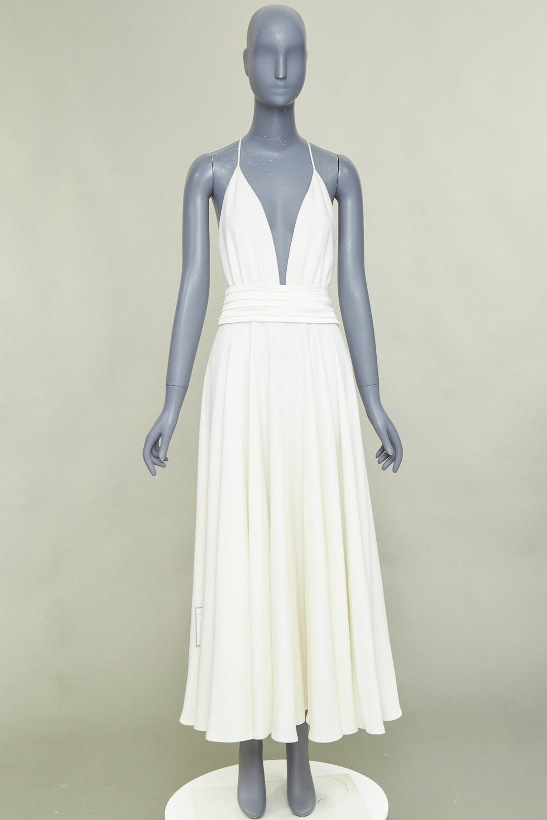 RACIL ivory crepe plunging V-neck halter ruched empire waist midi dress IT38 XS