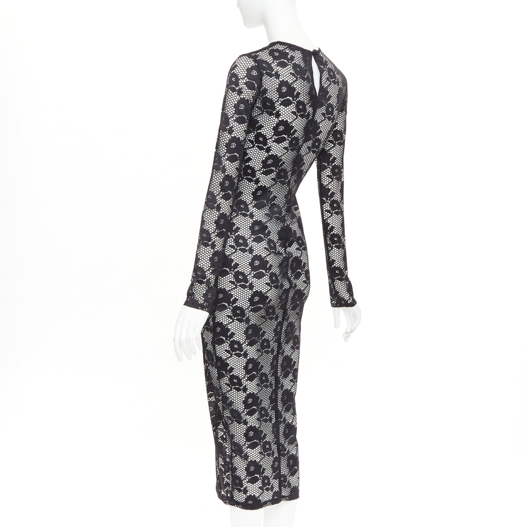 FLEUR DU MAL black lattice floral lace mesh crew neck long sleeve midi dress S