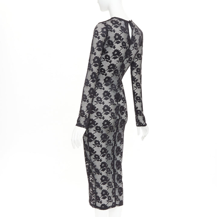 FLEUR DU MAL black lattice floral lace mesh crew neck long sleeve midi dress S
