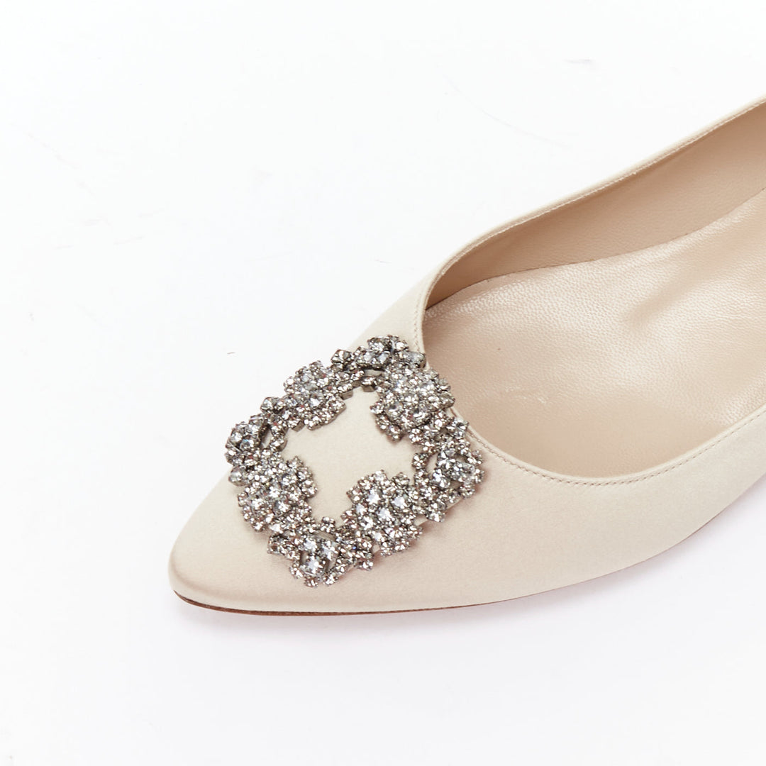 MANOLO BLAHNIK Hangisi beige satin crystal buckle pointy flats EU38.5