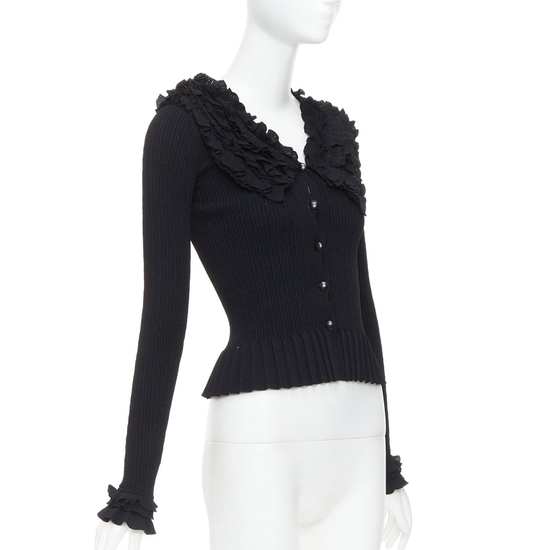 LOUIS VUITTON black ruffle collar cuffs ribbed long sleeves cardigan XS